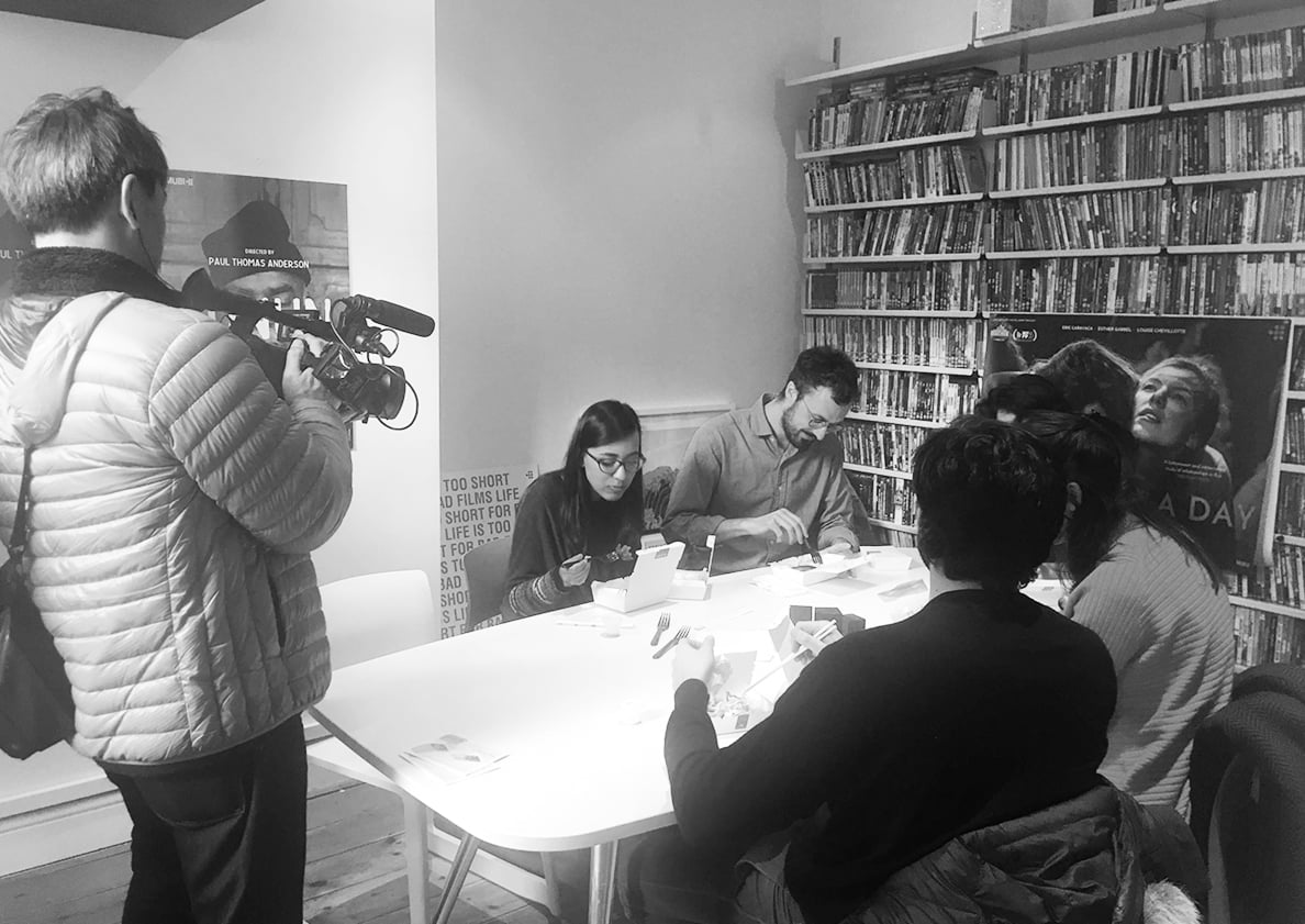 Photograph of a media interview in progress