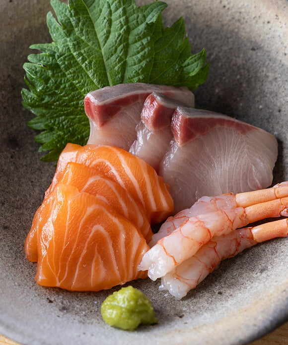 Sashimi with salmon, yellowtail, and sweet shrimp