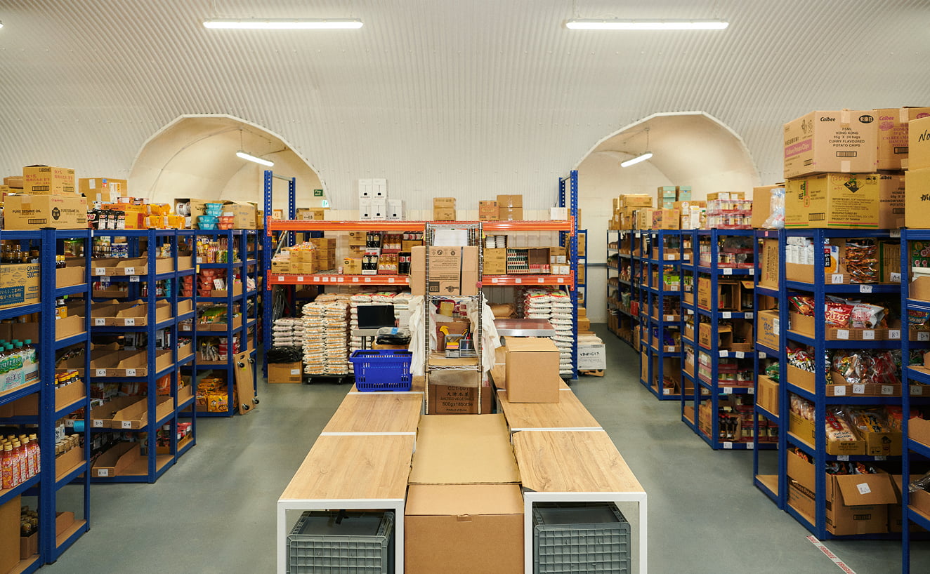 Photograph of the WASO warehouse stocked with food products