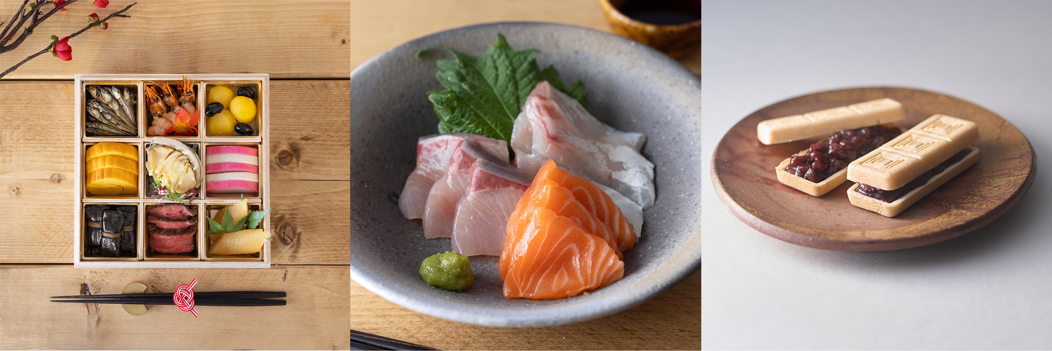 Selection of Japanese foods including osechi, sashimi, and traditional wagashi sweets